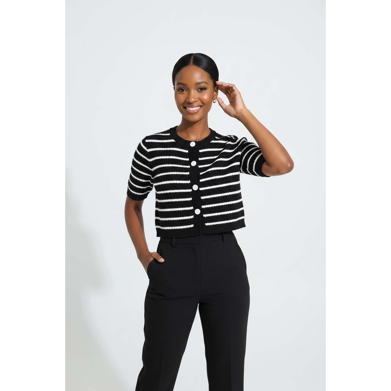 Striped Knit Short-Sleeved Cardigan Sweater