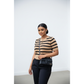 Striped Knit Short-Sleeved Cardigan Sweater
