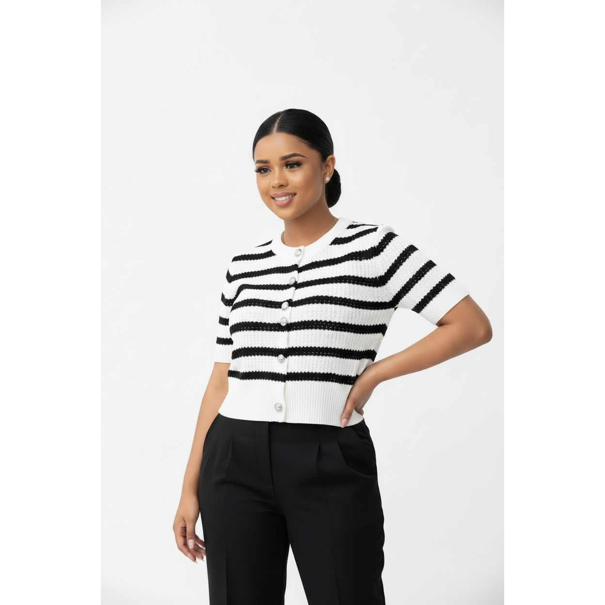 Striped Knit Short-Sleeved Cardigan Sweater