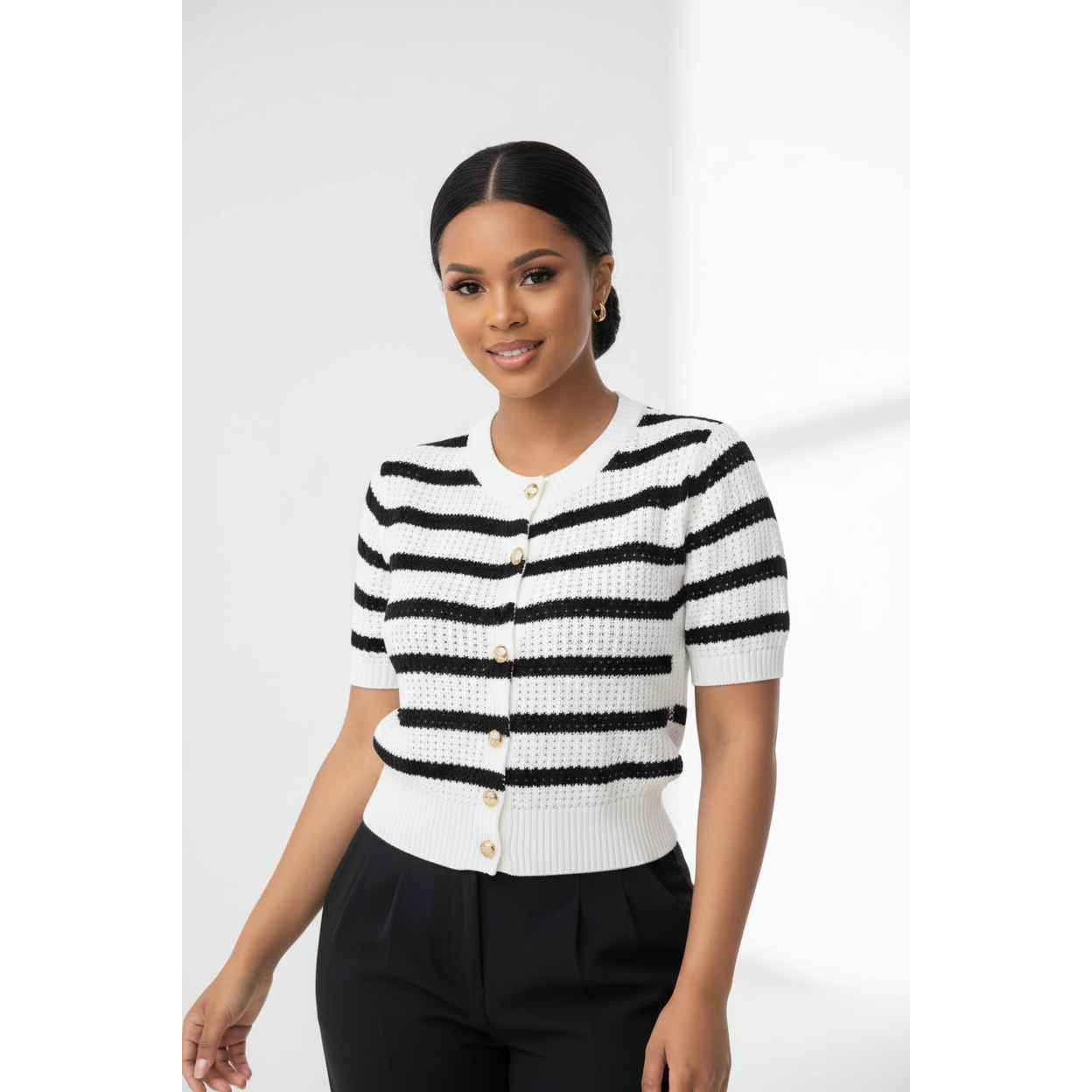Striped Knit Short-Sleeved Cardigan Sweater