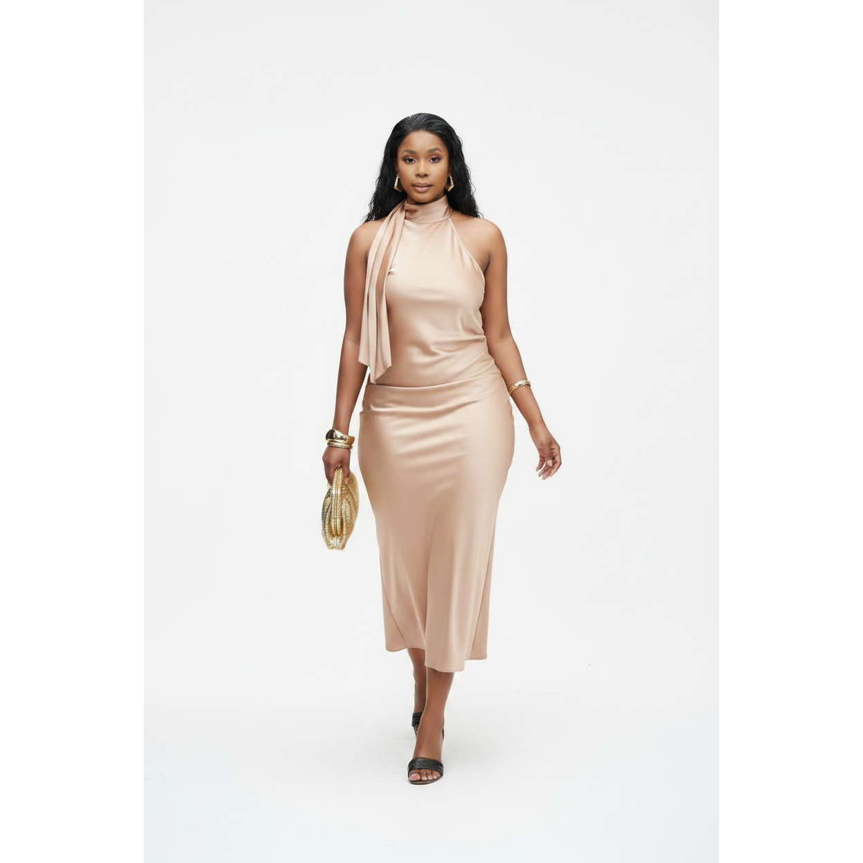 Satin Halter Scarf Midi Dress