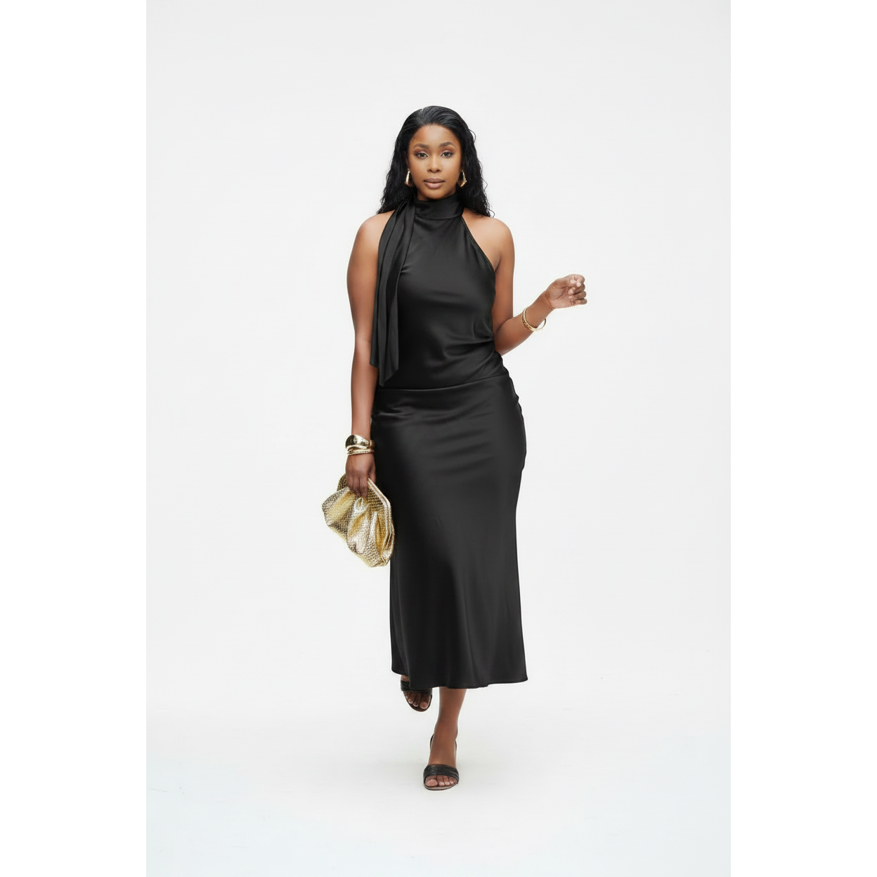 Satin Halter Scarf Midi Dress