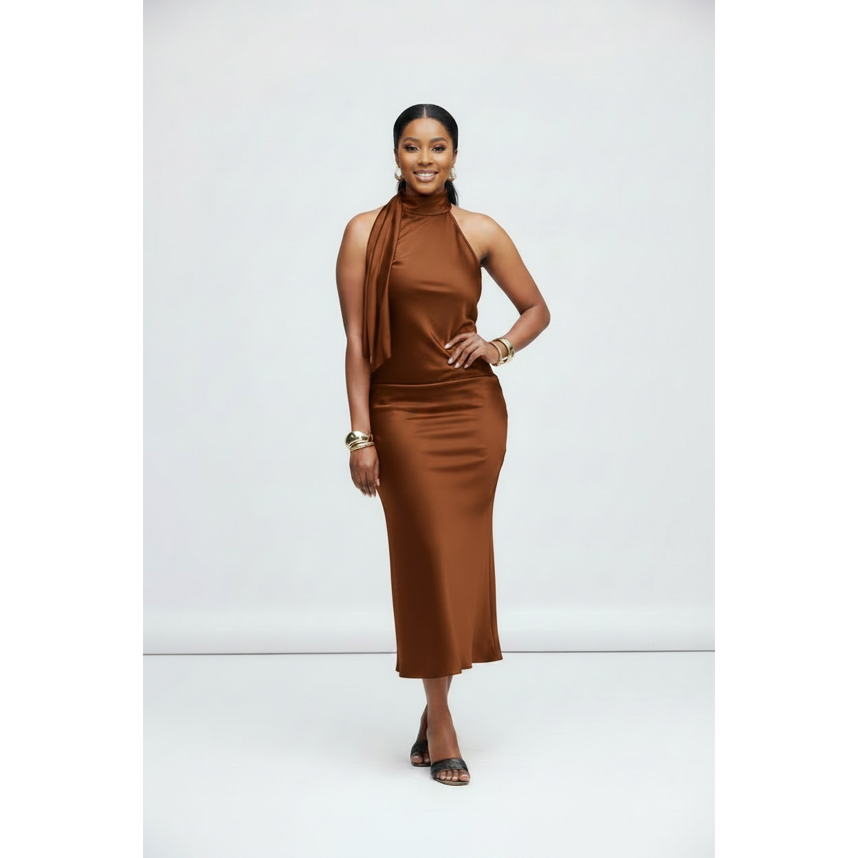 Satin Halter Scarf Midi Dress