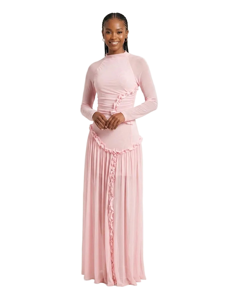 Modest Long Sleeve Draped Ruffle Maxi Dress