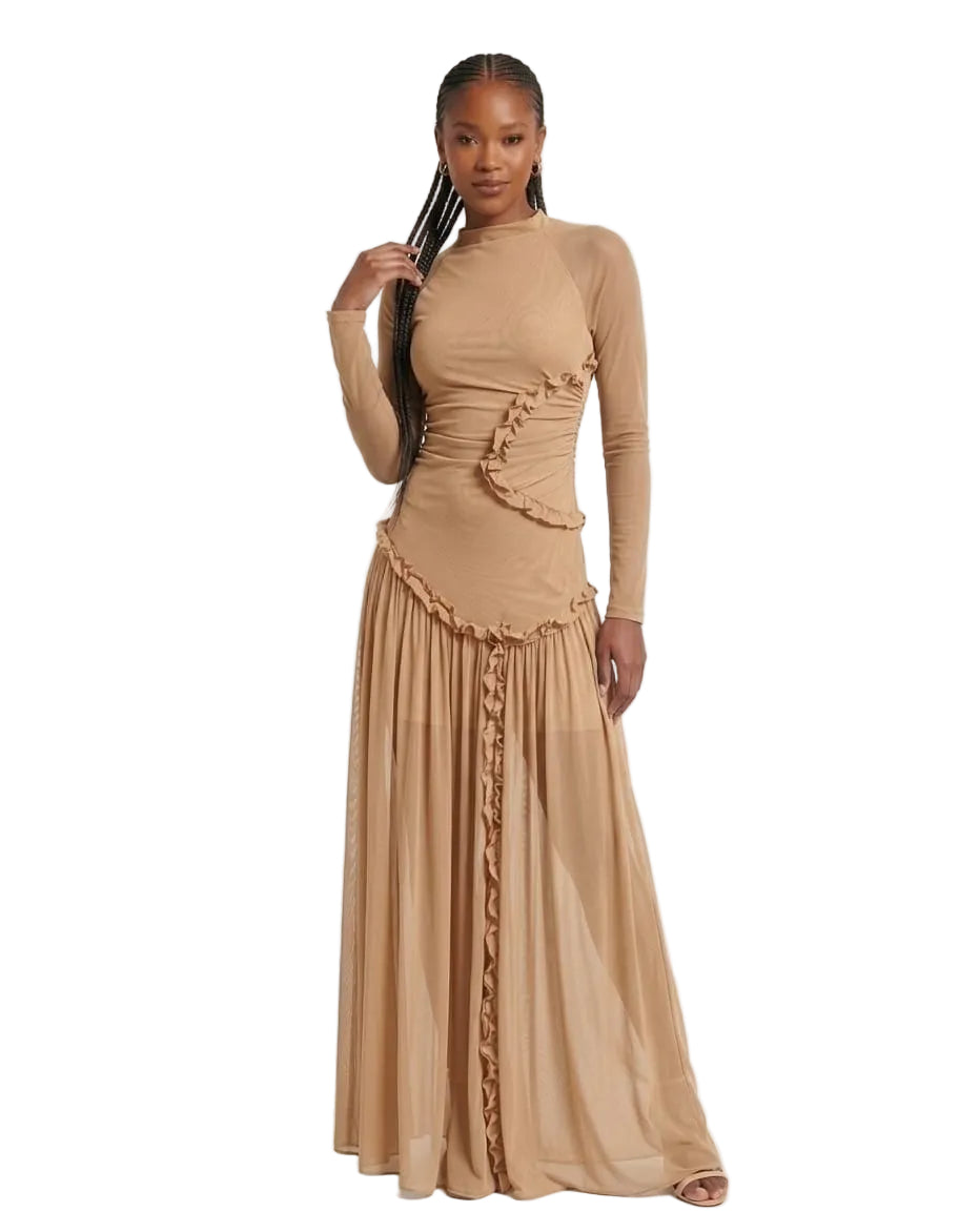 Modest Long Sleeve Draped Ruffle Maxi Dress