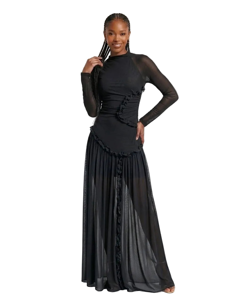 Modest Long Sleeve Draped Ruffle Maxi Dress
