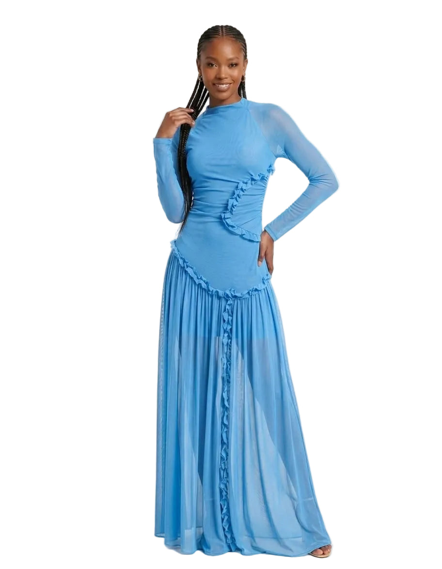 Modest Long Sleeve Draped Ruffle Maxi Dress
