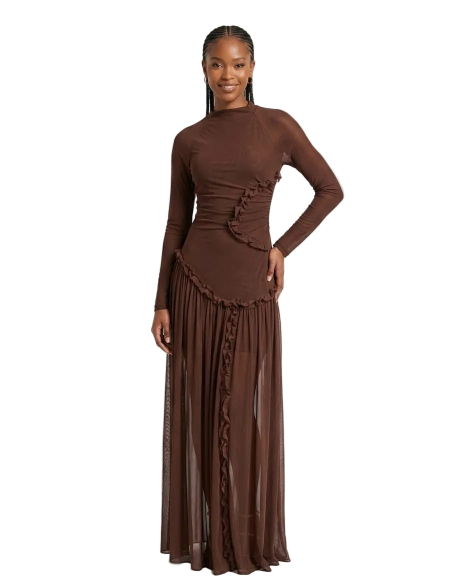 Modest Long Sleeve Draped Ruffle Maxi Dress