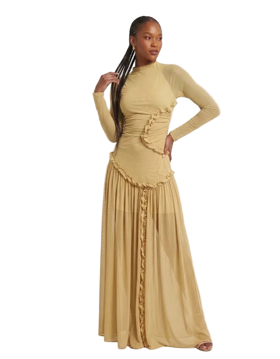 Modest Long Sleeve Draped Ruffle Maxi Dress