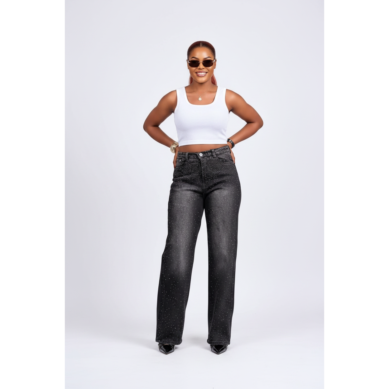 High-Waisted Wide-Leg Rhinestone Jeans