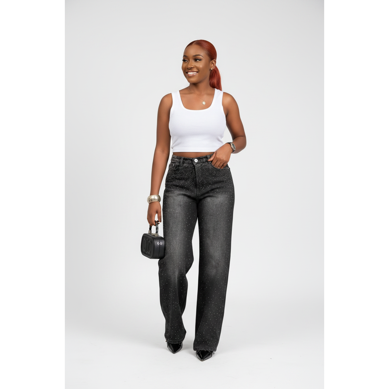 High-Waisted Wide-Leg Rhinestone Jeans