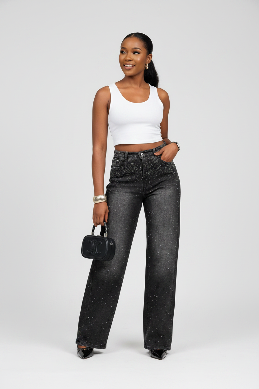 High-Waisted Wide-Leg Rhinestone Jeans