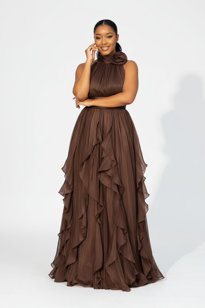 Sleeveless Halter-Neck Draped Bodice Dress