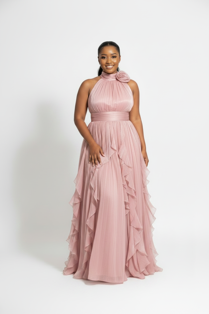 Sleeveless Halter-Neck Draped Bodice Dress