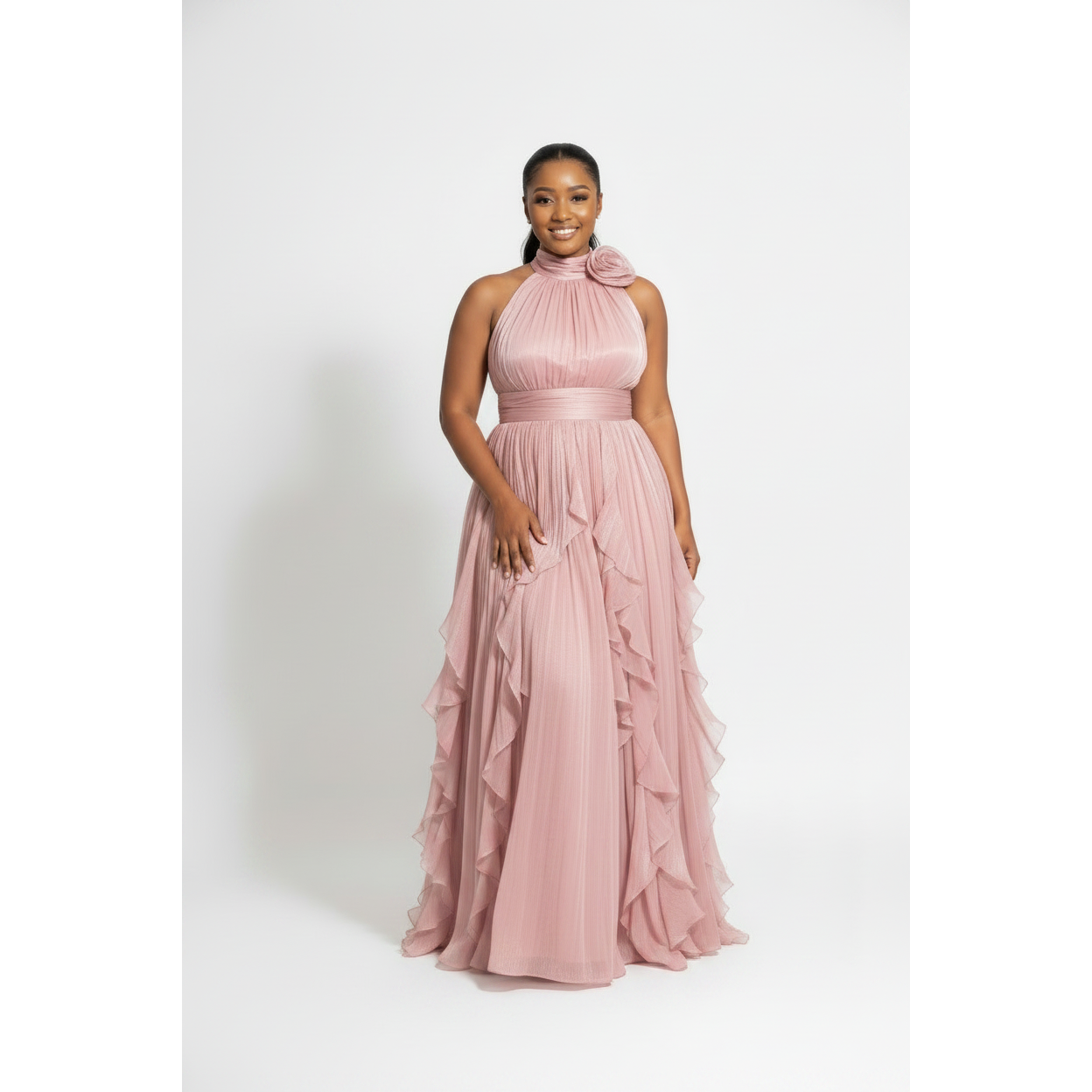Halter Neck Formal Pleated Evening Gown