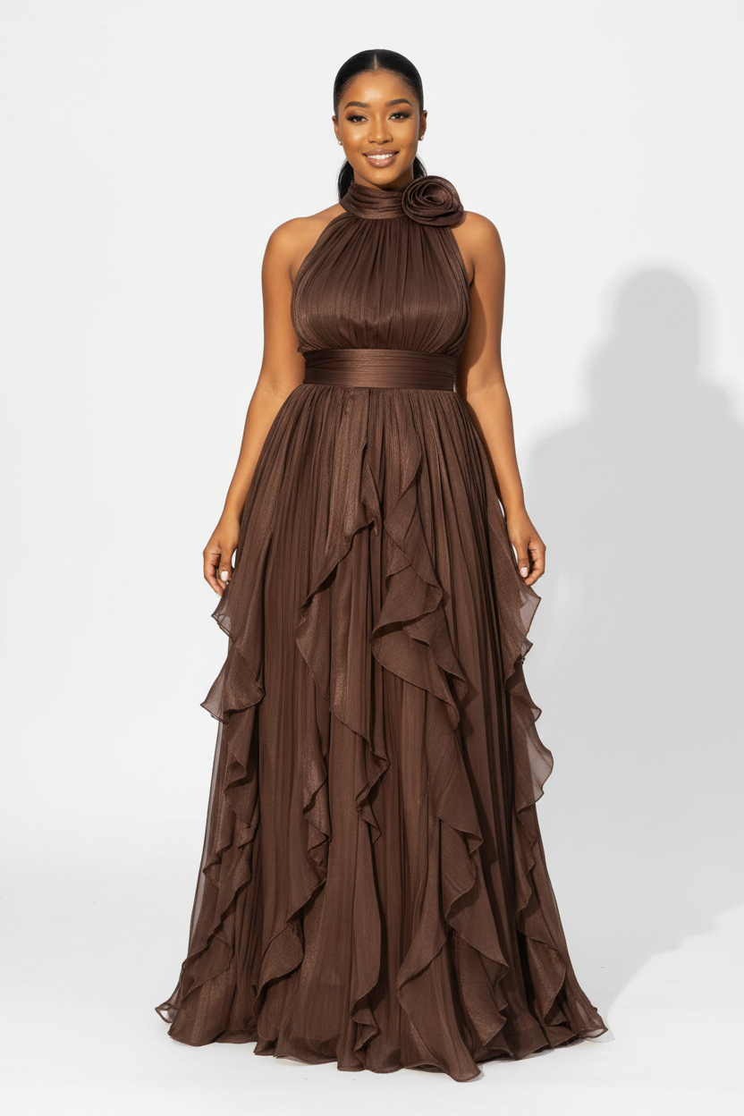 Sleeveless Halter-Neck Draped Bodice Dress