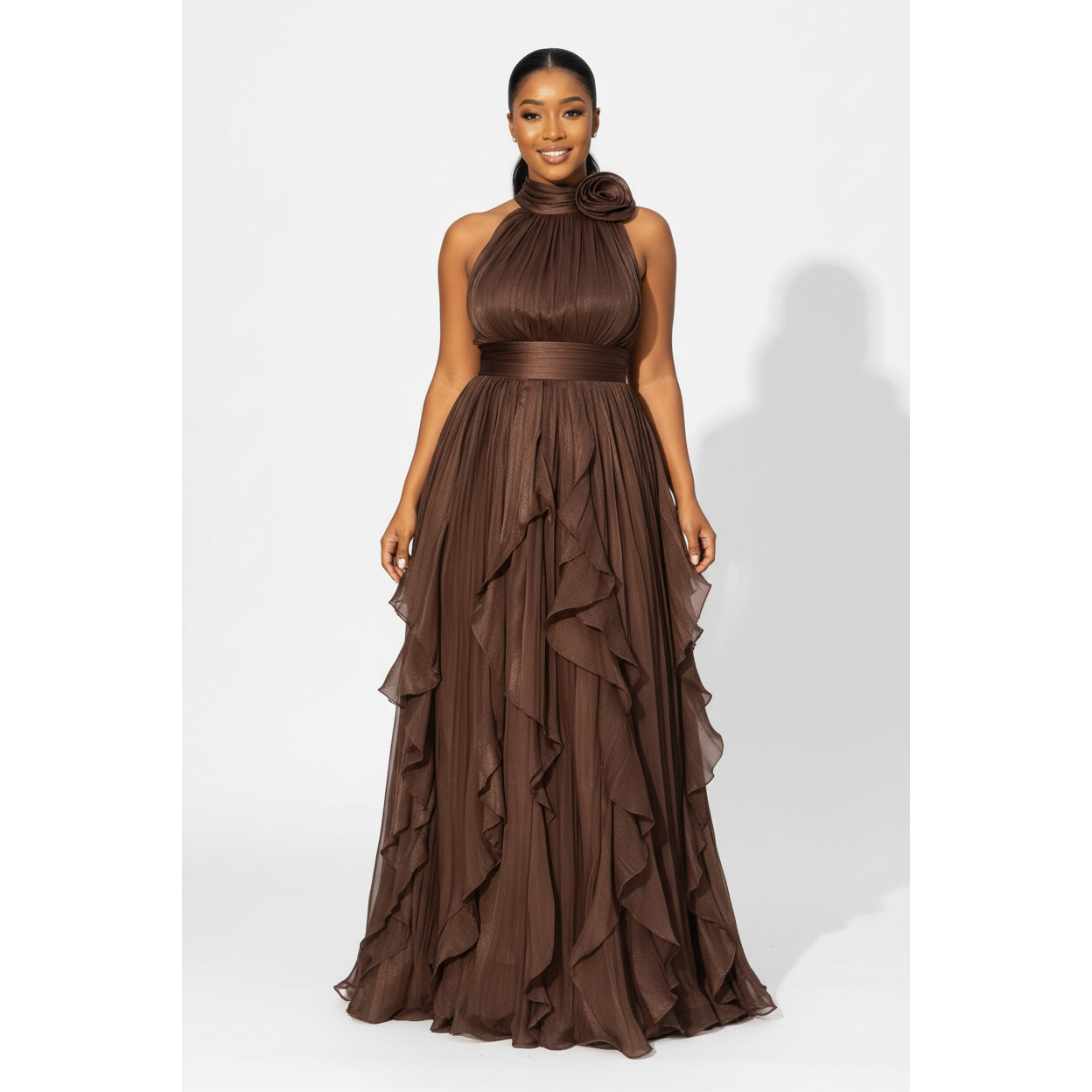 Halter Neck Formal Pleated Evening Gown