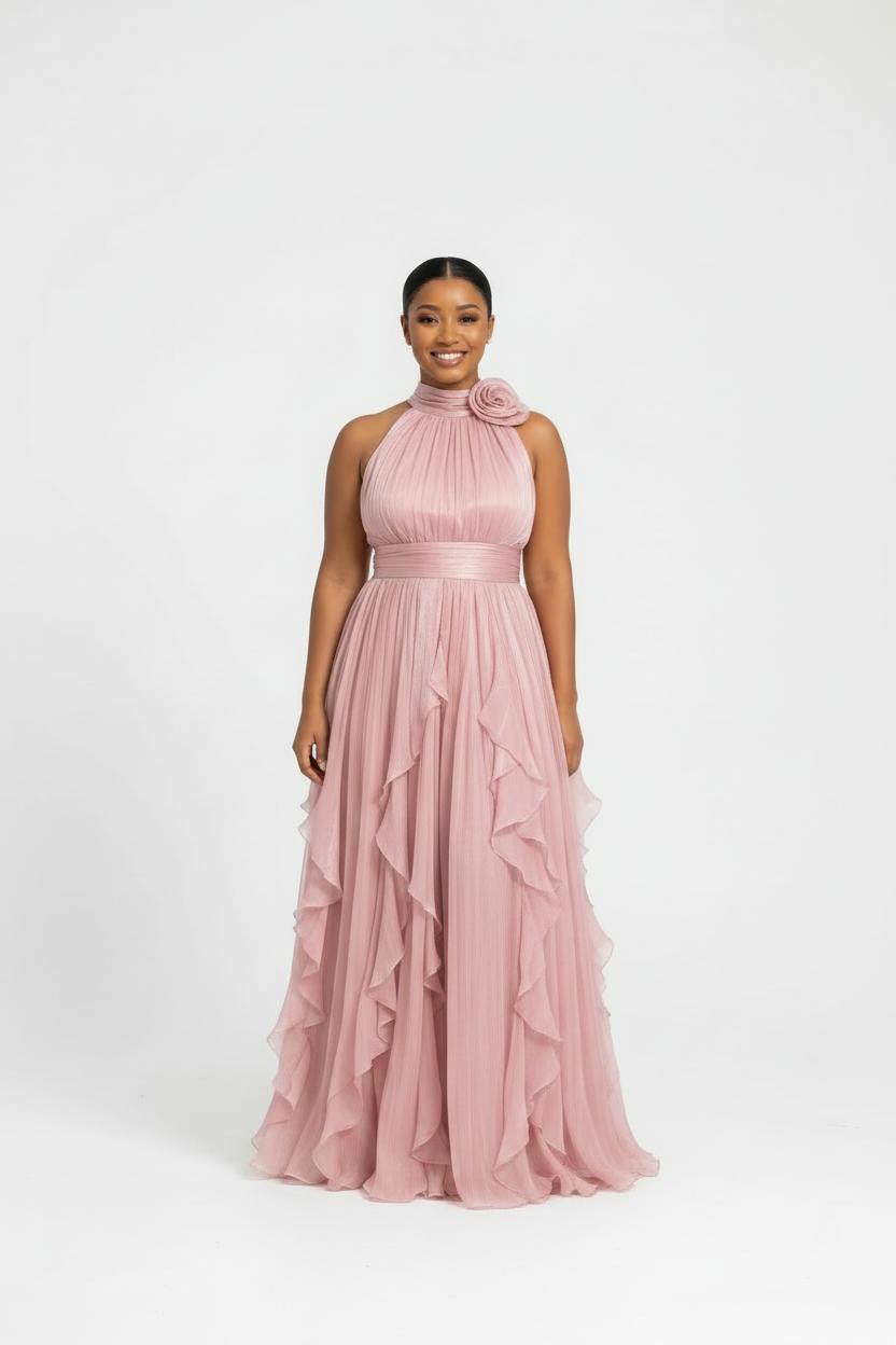 Sleeveless Halter-Neck Draped Bodice Dress