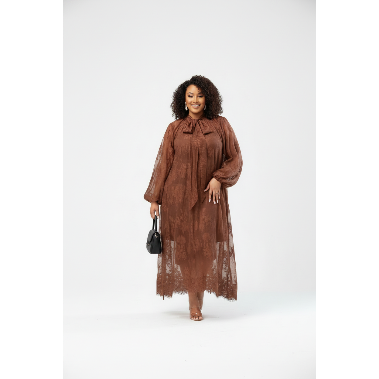Floral Lace Maxi Dress with Lantern Sleeves - Modest High-Neck Dress