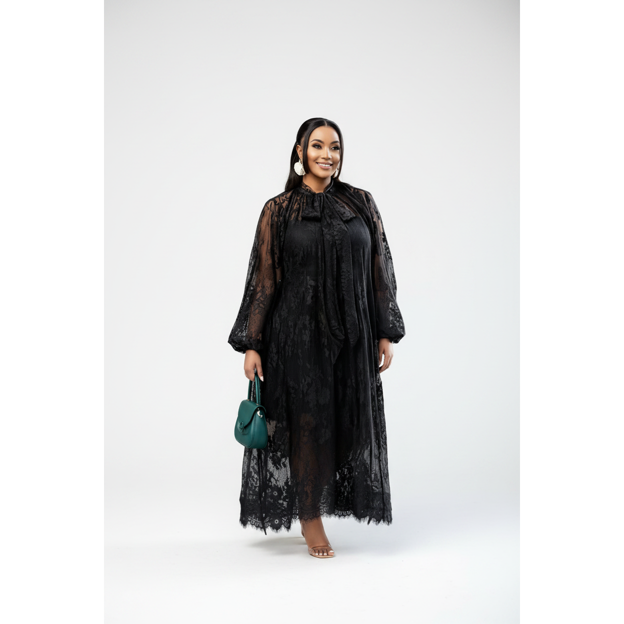 Floral Lace Maxi Dress with Lantern Sleeves - Modest High-Neck Dress