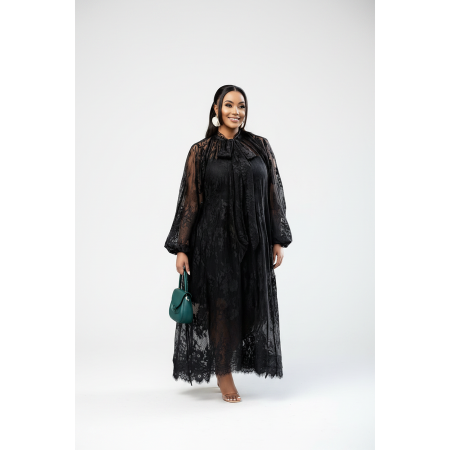 Floral Lace Maxi Dress with Lantern Sleeves - Modest High-Neck Dress