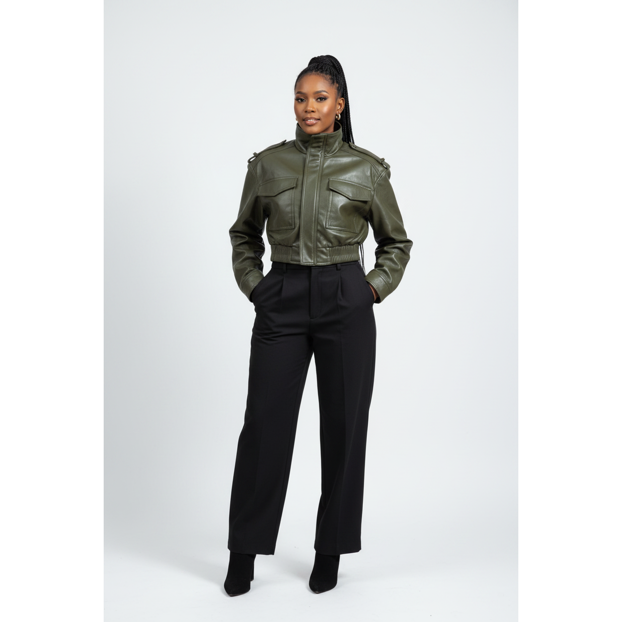 Short Shoulder Tab Faux Leather Jacket