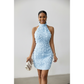 Floral Rosettes Form-Fitting Halter Mini Dress