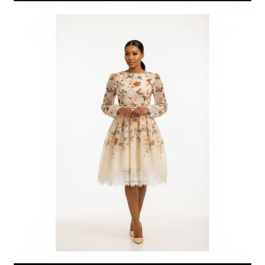 Cream Delicate Floral Lace Trim Midi Dress