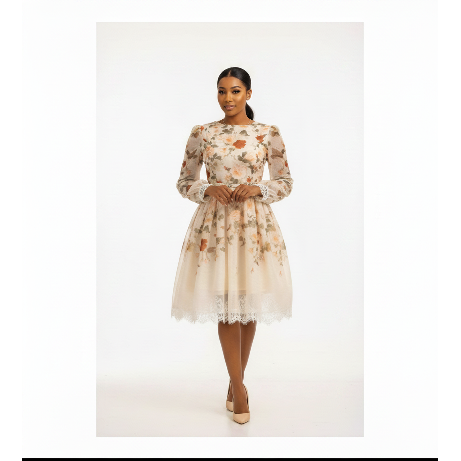 Cream Delicate Floral Lace Trim Midi Dress