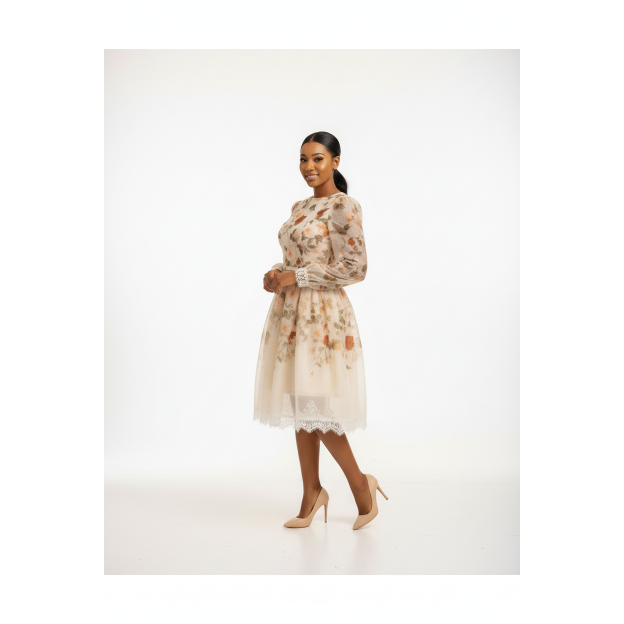 Cream Delicate Floral Lace Trim Midi Dress
