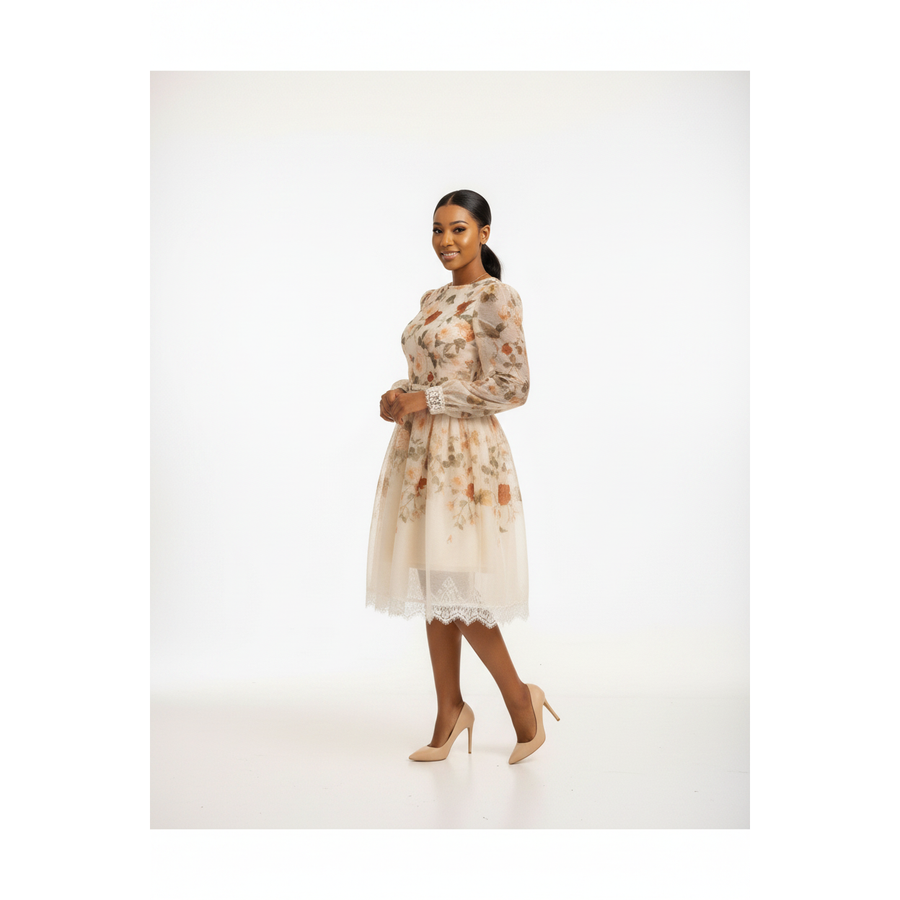 Cream Delicate Floral Lace Trim Midi Dress