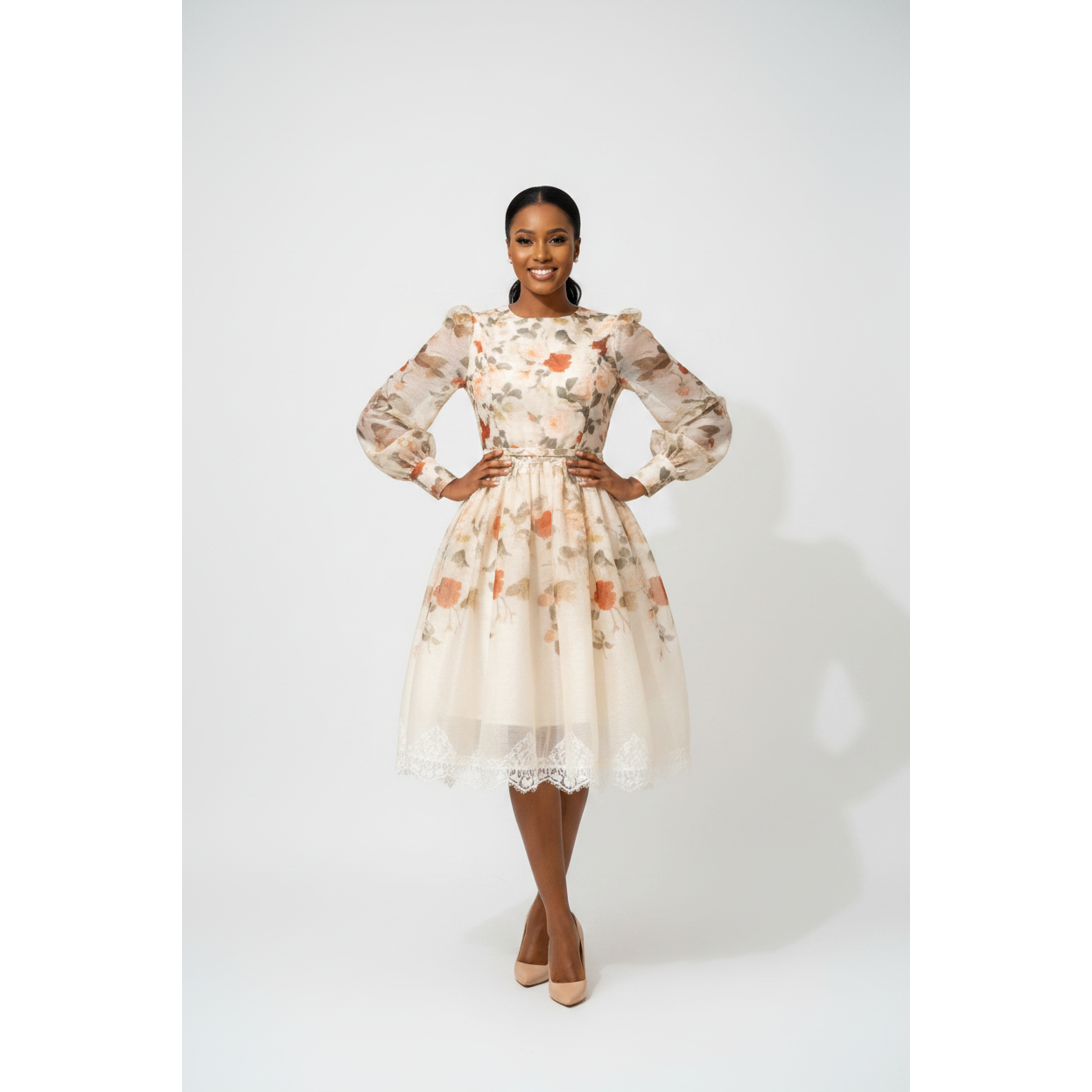 Cream Delicate Floral Lace Trim Midi Dress