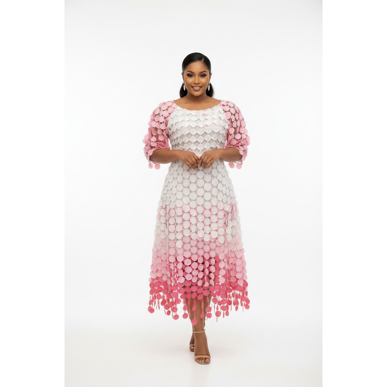 Ladies Vibrant Tier-Cut Disc Pattern Maxi Dress