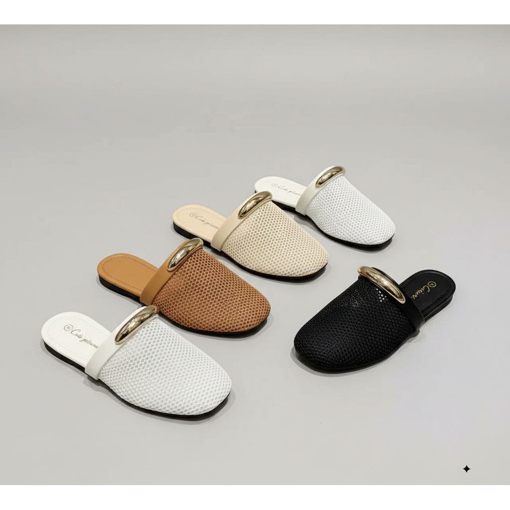 Fishnet Mesh Gold-Bar Flat Mules