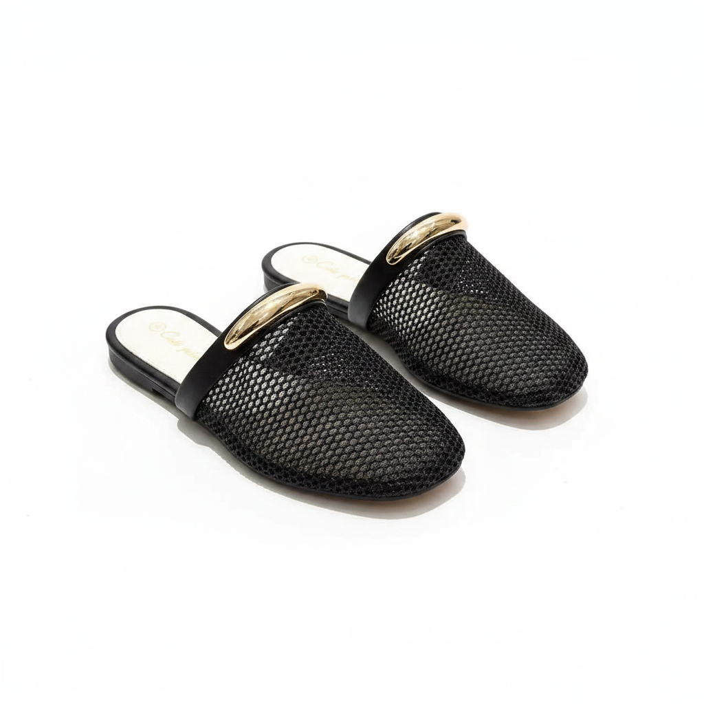 Fishnet Mesh Gold-Bar Flat Mules