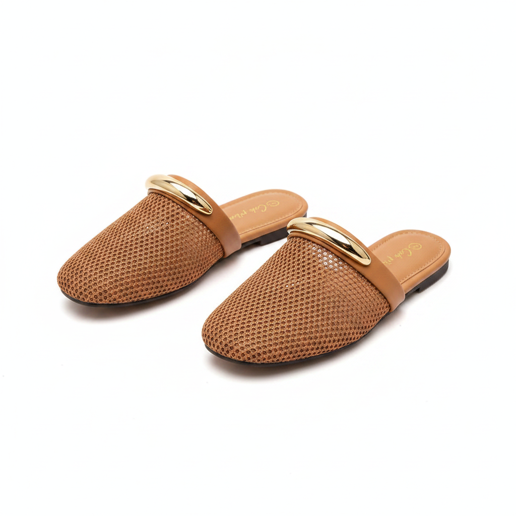 Fishnet Mesh Gold-Bar Flat Mules