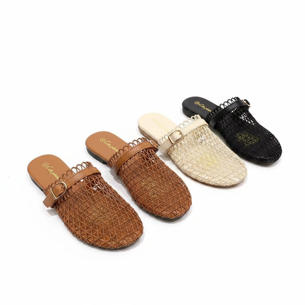 Summer Hollow-Woven Mesh Flat Mules