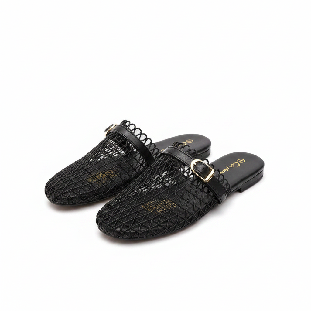 Summer Hollow-Woven Mesh Flat Mules