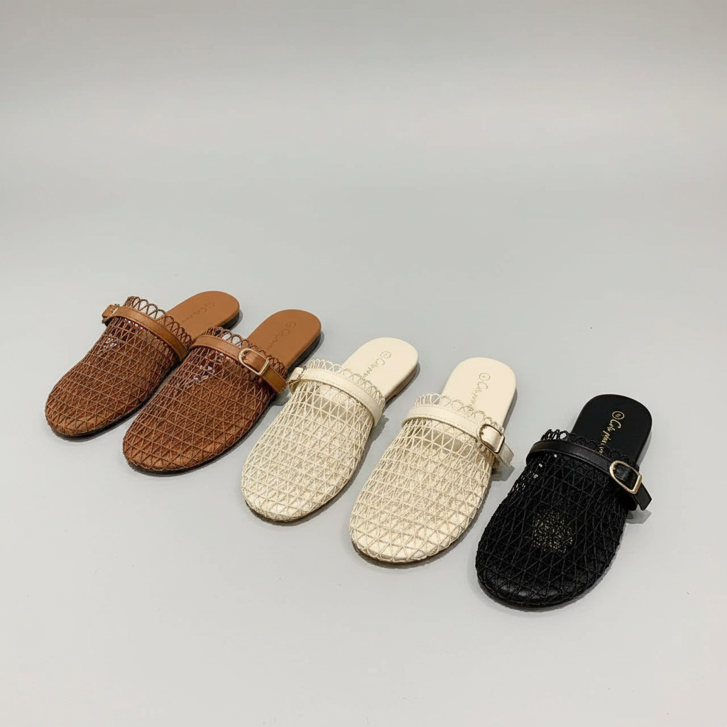 Summer Hollow-Woven Mesh Flat Mules