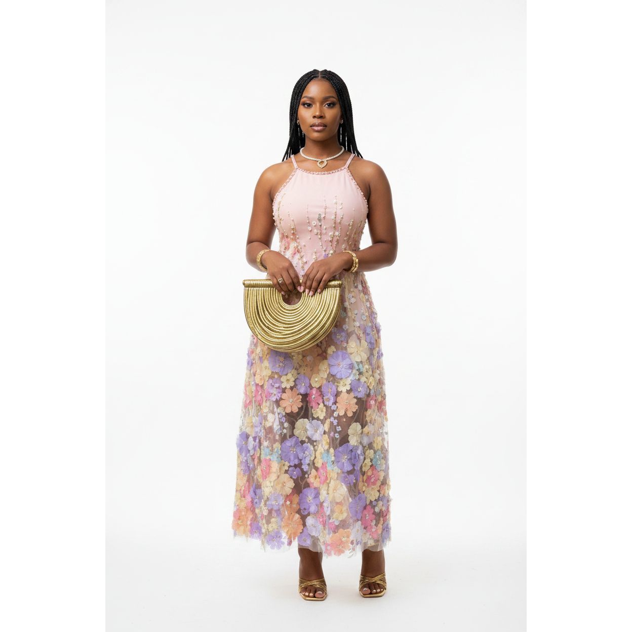 3D Floral Pearl-Embellished Mesh Maxi Dress