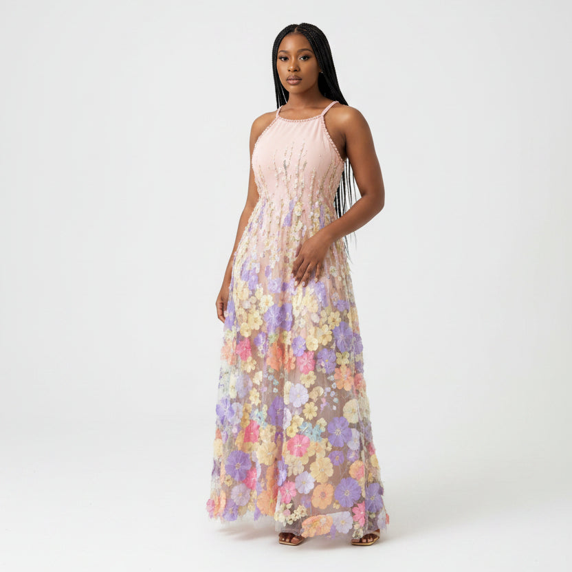 3D Floral Pearl-Embellished Mesh Maxi Dress