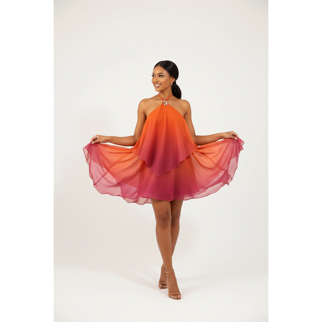 Party Fluid Halter Neck Chiffon Mini Dress