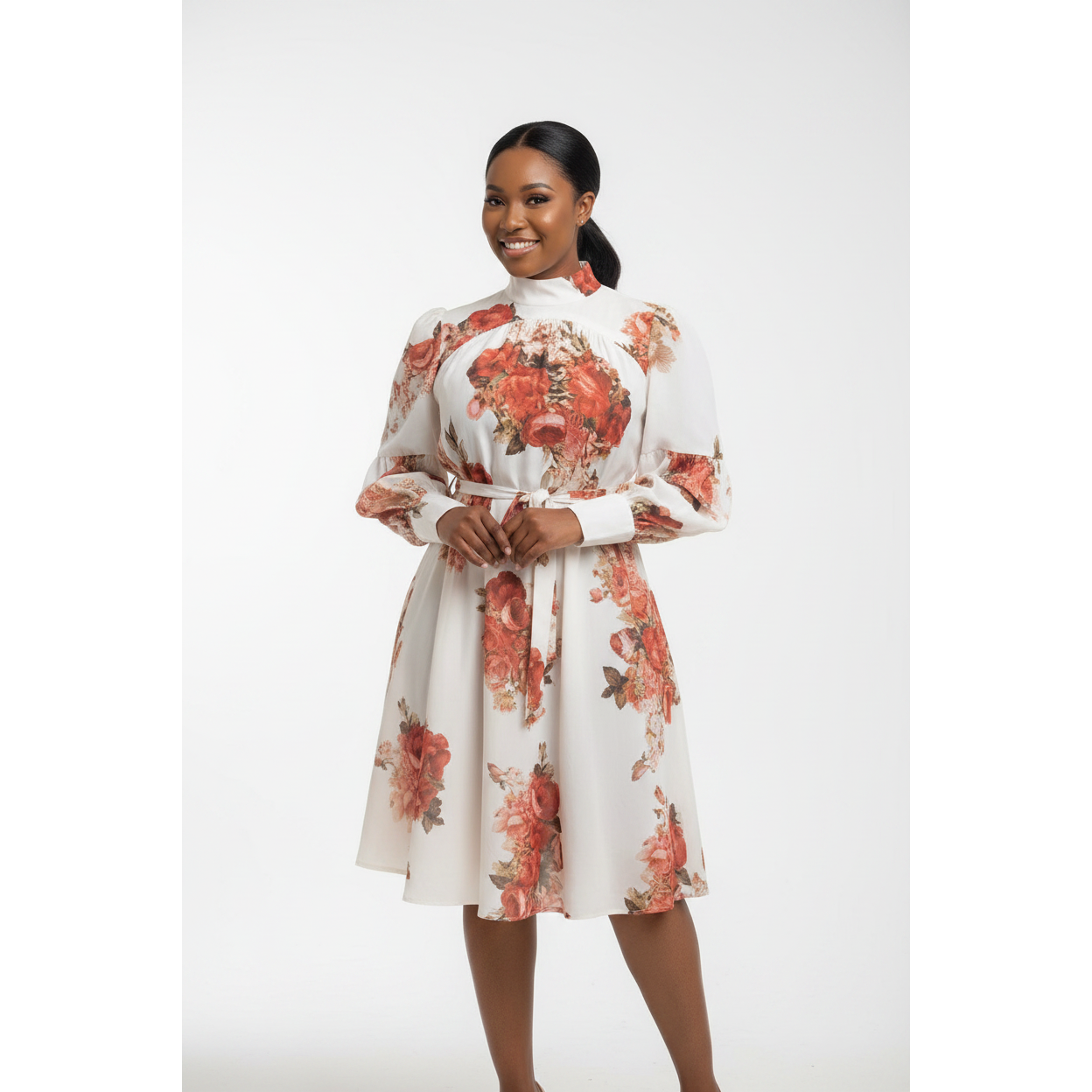 Cream-Colored Long Lantern Sleeve Midi Dress