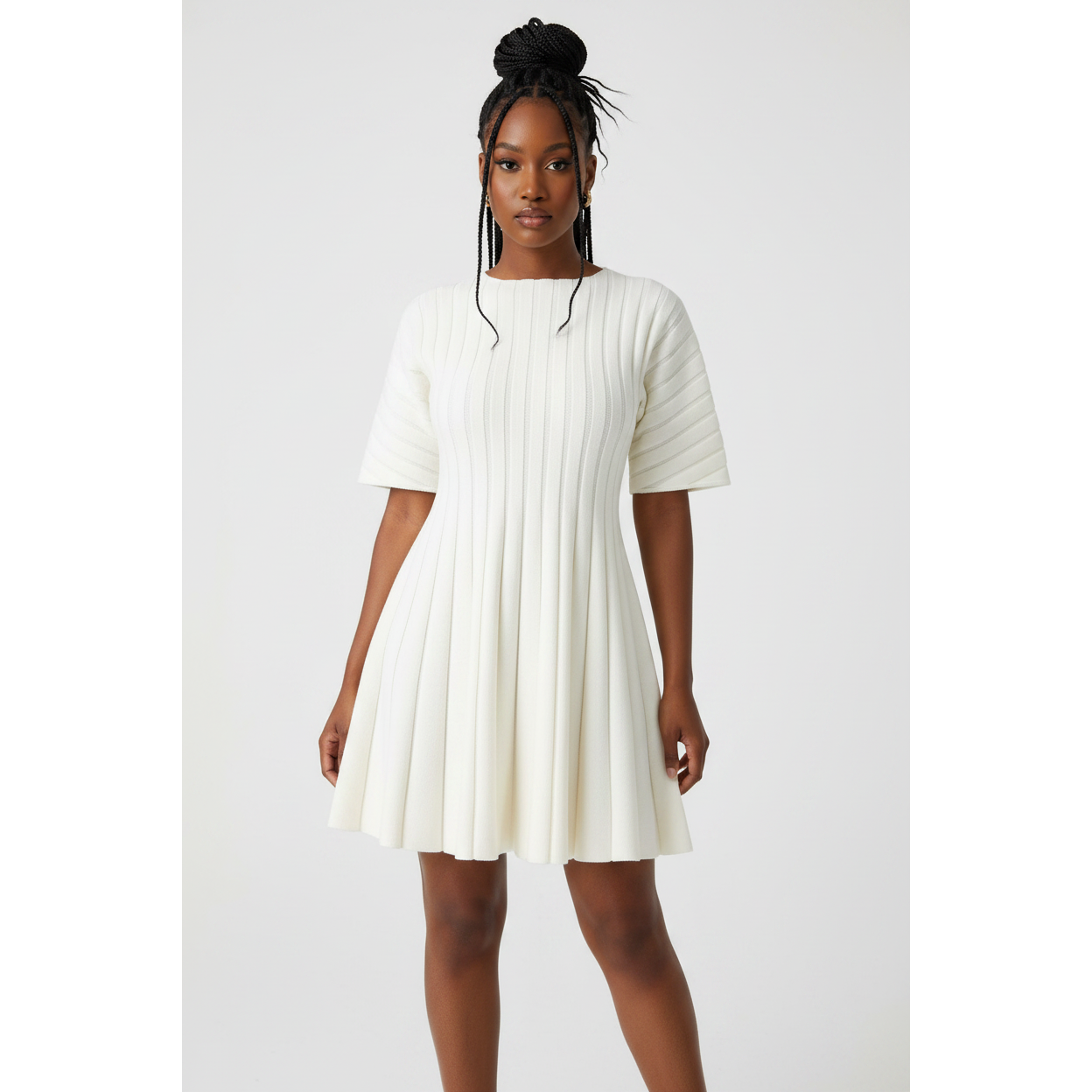 Ribbed Knit Puff-Sleeve Mini Skater Dress