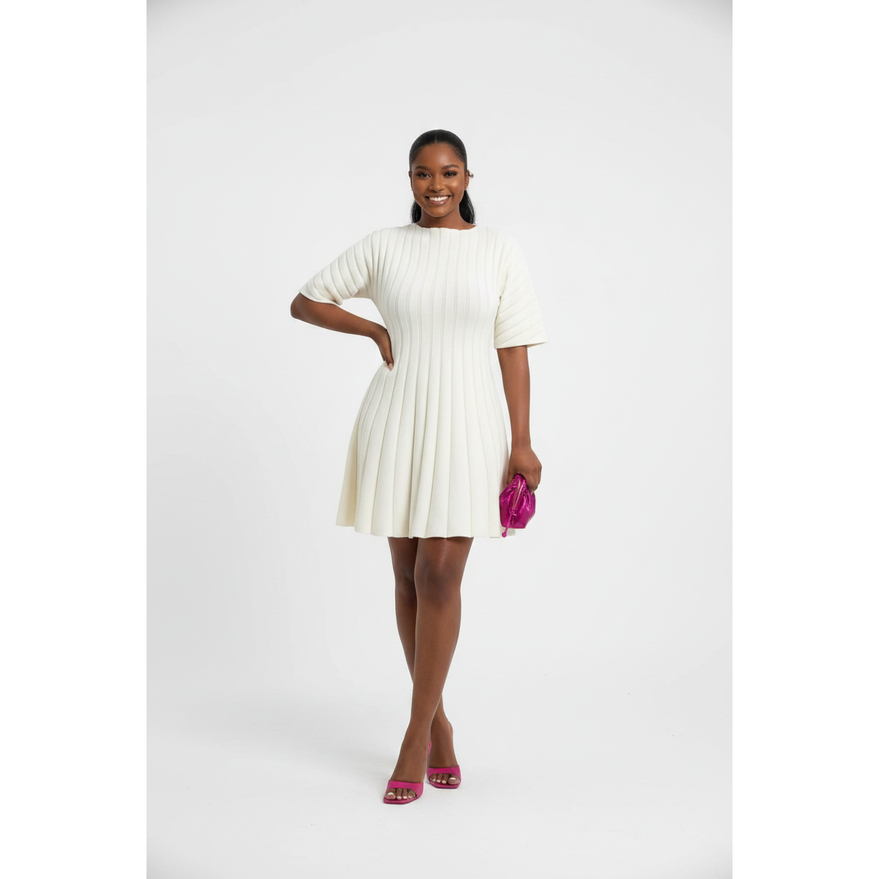 Vertical Ribbed Knit Mini Skater Dress