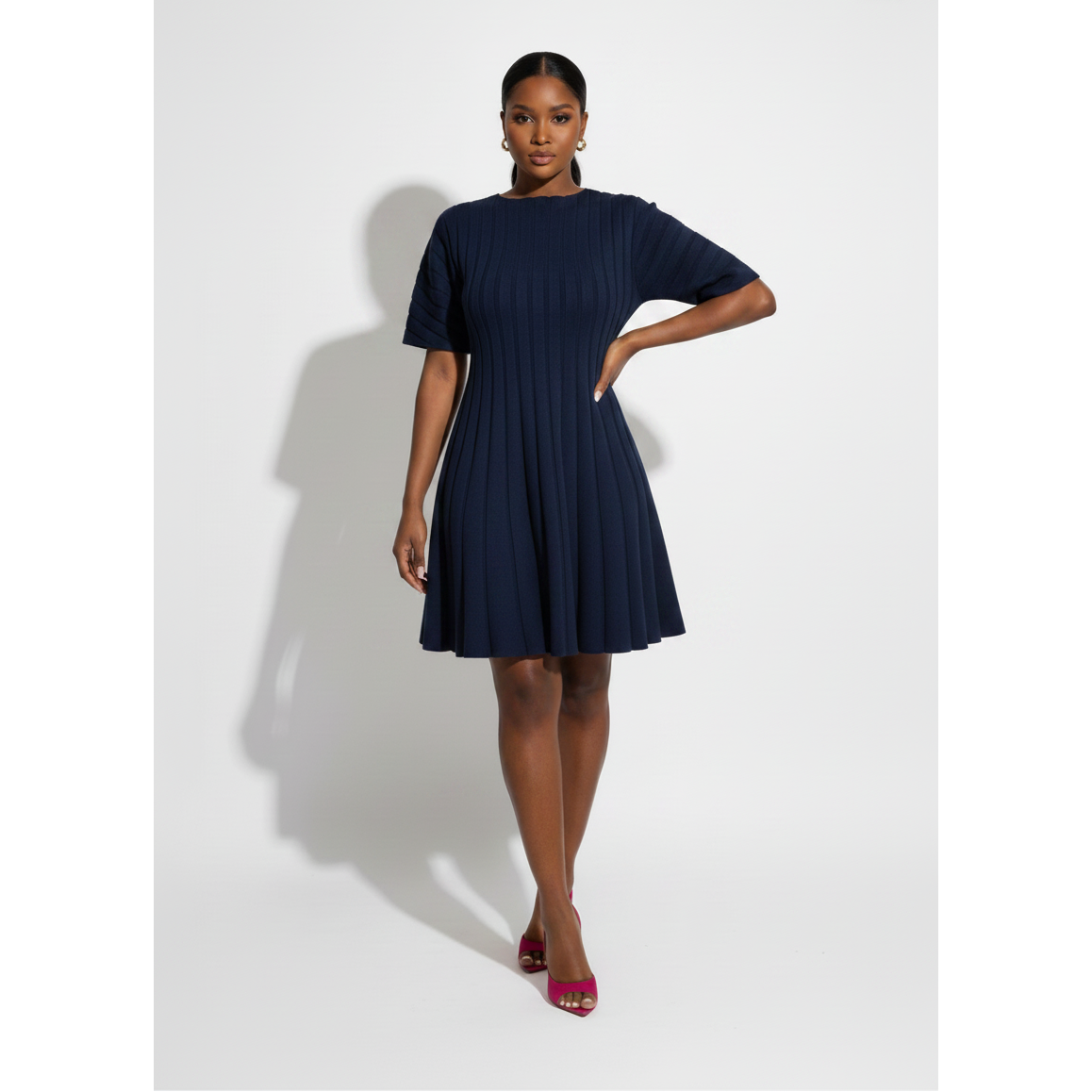 Vertical Ribbed Knit Mini Skater Dress