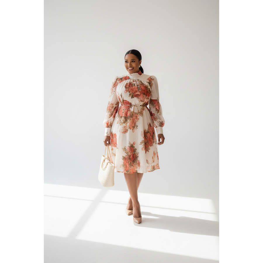 Cream-Colored Long Lantern Sleeve Midi Dress