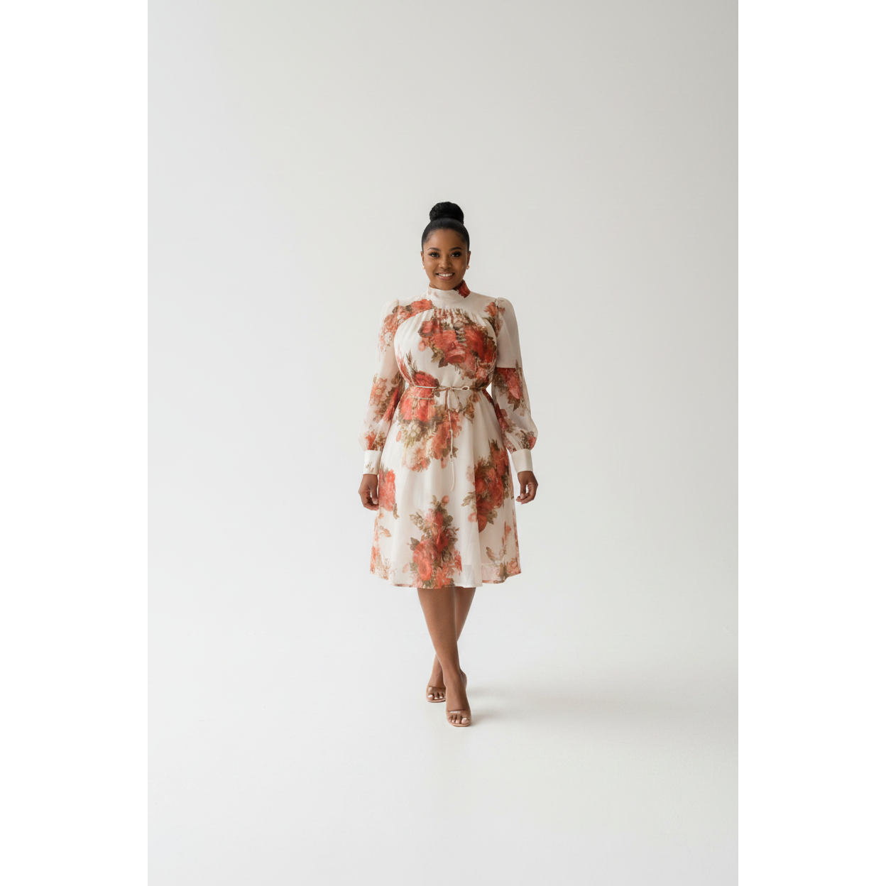 Cream Floral Lantern-Sleeve Midi Dress