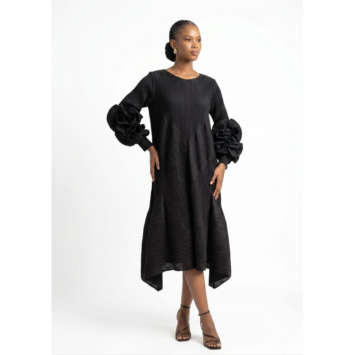 Floral Bell Sleeve Pleated Dress