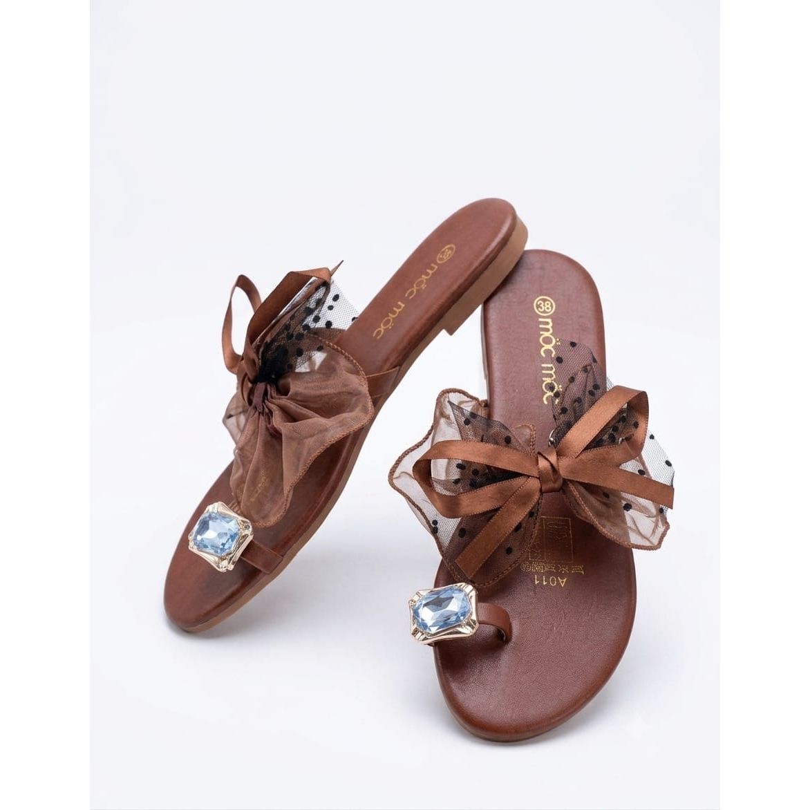 Sheer Dotted Mesh Bow Toe-Ring Sandals